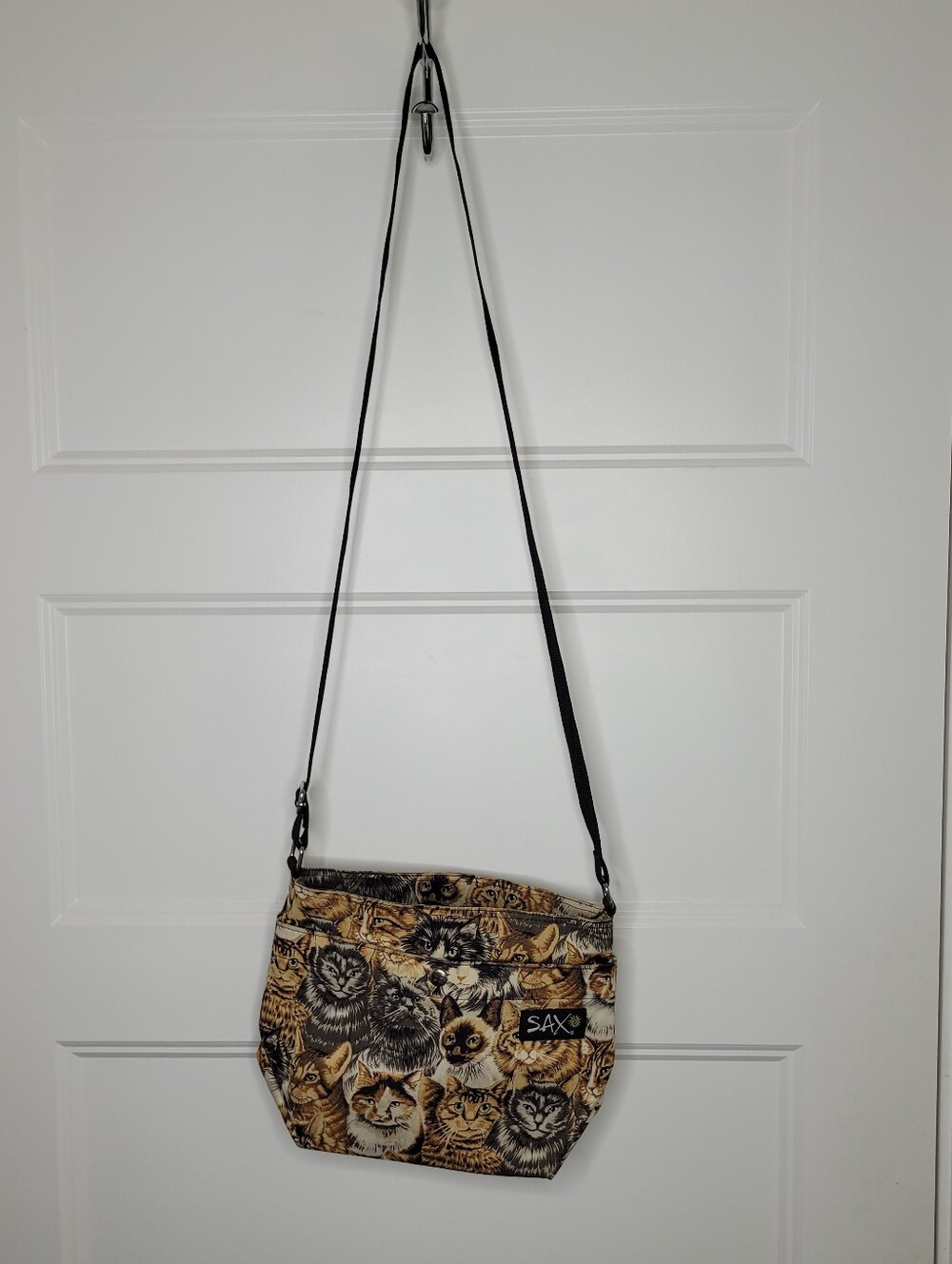 vintage Sax cat-print canvas crossbody shoulder bag W 3 Pockets